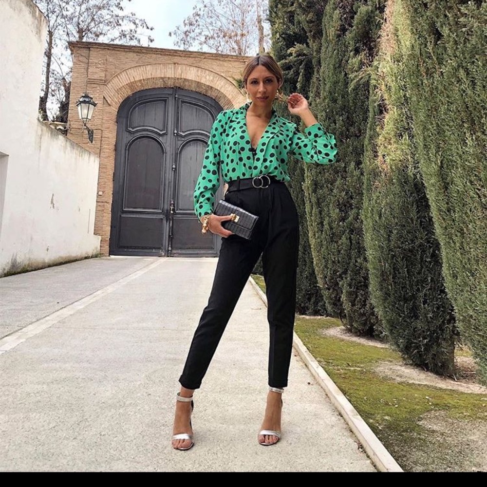 ZARA POLKA DOT Black Green BLOUSE XS 205/mn - Picture 6 of 7